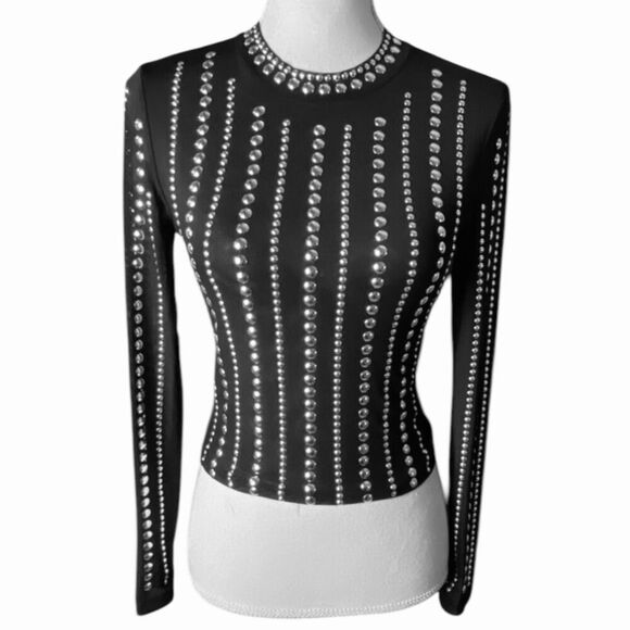 LC Lizette Collection Womens Black Studded Sheer Long Sleeve Top Medium NWT - Picture 1 of 5